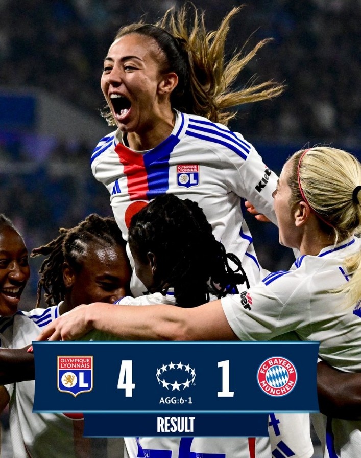 里昂女足4-1大勝拜仁女足，總比分6-1晉級女足歐冠半決賽